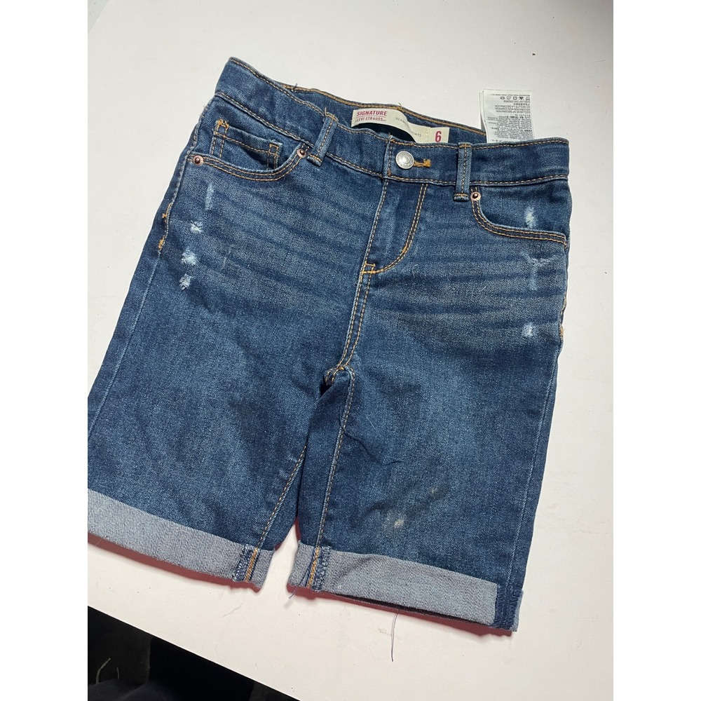 Signature Levi Strauss Bermuda Shorts Girls 6 Blue Denim Cuffed Distressed Casua